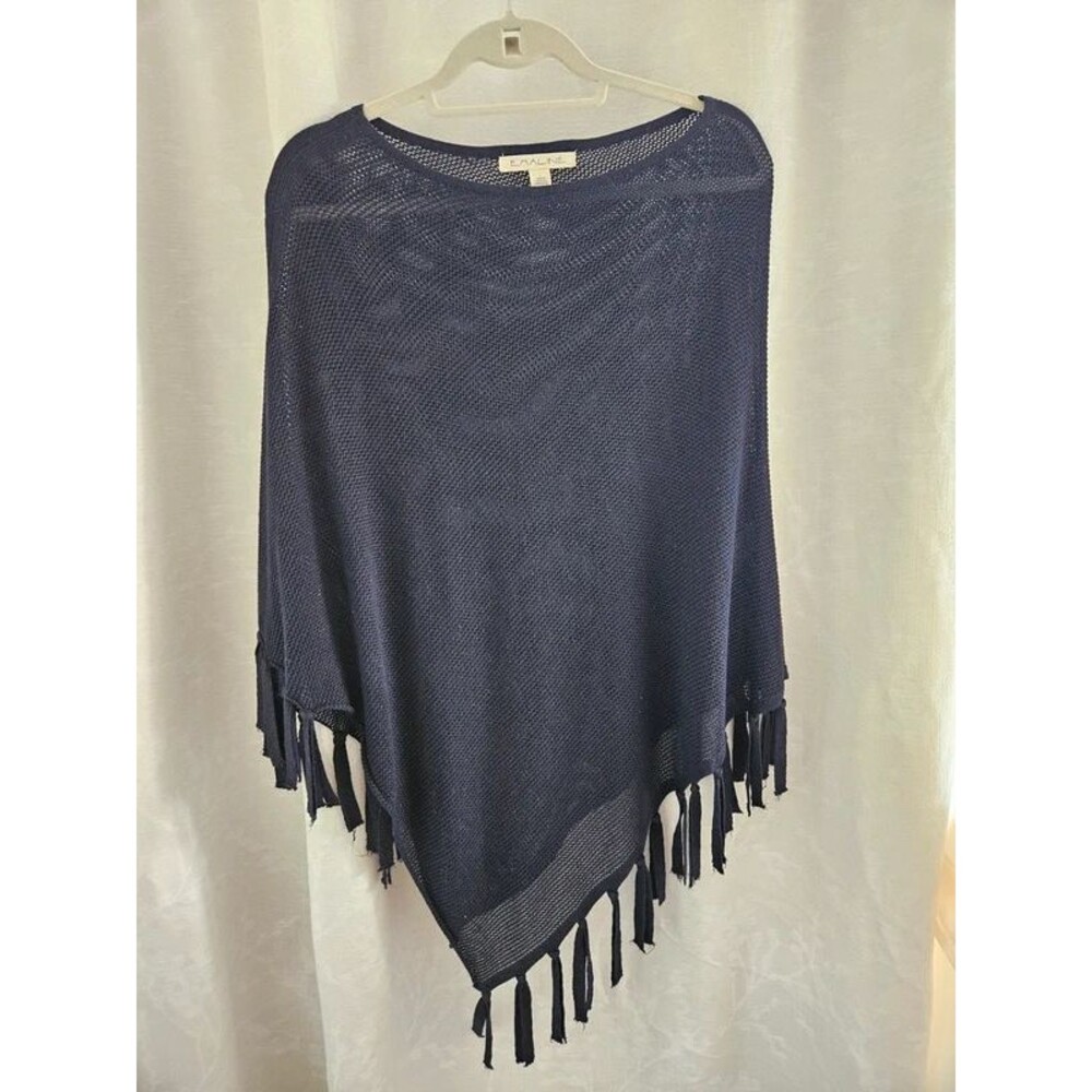 Emmaline Navy Blue Metallic Open Knit Fringe Poncho Sweater Top OS